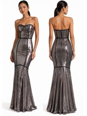💥SHOWSTOPPER!💥SEQUIN CORSET BABDAGE MURMAID DRESS in SILVER & BLACK